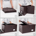 PRANDOM Collapsible Storage Box with Lid [3-Pack] Leather Fabric Foldable Storage Bin Organizer Container Basket Cube with Cover for Home Bedroom Closet Office Nursery Brown(22.8X15.7X11.8)
