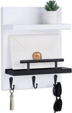 Key Holder Wall Mount, Key Holder With 2 Display Shelf, 3 Hooks for Key, Coat, Dog Leash, Key Hanger with Hook for Mail, Potted Plant, Farmhouse Mail Holder, Entry Way Organizer (White & Black)