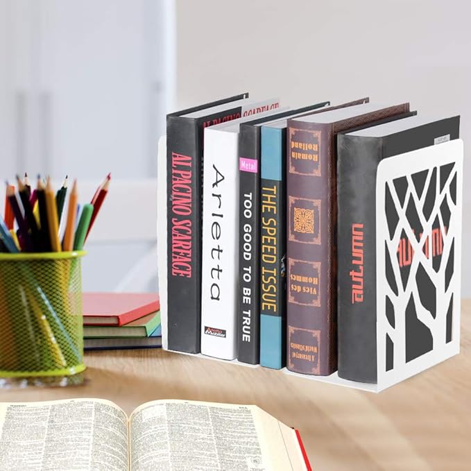 Book Ends for Shelves and Heavy Books - Metal White Bookends 1 Pair - Home Decorative Shelf Holder, Supports, and Stoppers