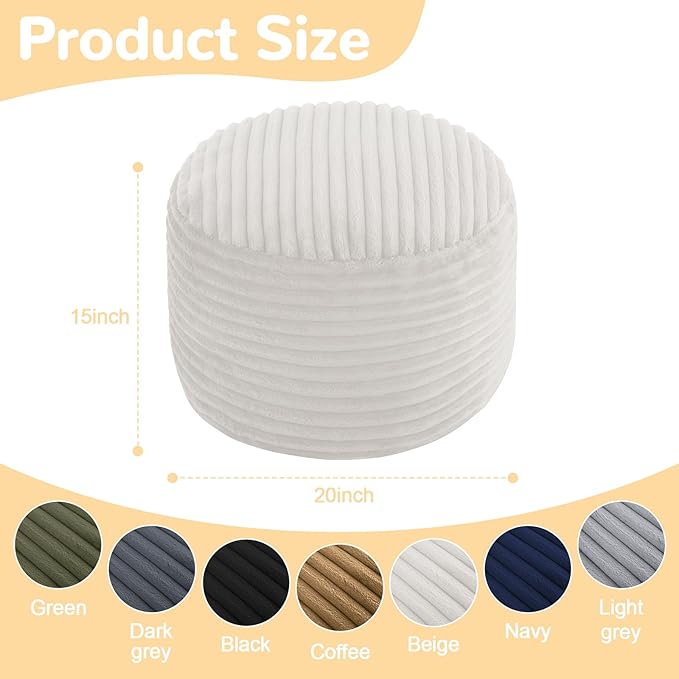 MeMoreCool Stuffed Round Pouf Ottoman Foot Rest, Soft Plush Floor Pouf Foot Stool, Corduray Footstool Footrest, Small Round Ottoman for Living Room Couch Sofa Chair, 20x15 Inch Beige