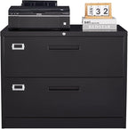 MIIIKO Lateral File Cabinet 2 Drawer, Black Metal File Cabinet with Lock, 35.4" Wide Drawers Storage File Cabinet for Hanging Files Folders Letter/Legal/A4 Size
