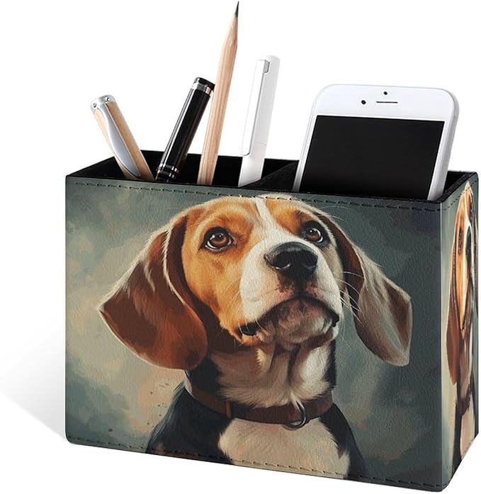 Famame Oil Painting Beagle Dog Pencil Holder for Desk, Leather Desktop Container Pen Cup Storage Study Table Pen Organizer Makeup Brush Holder for Classroom Office Home