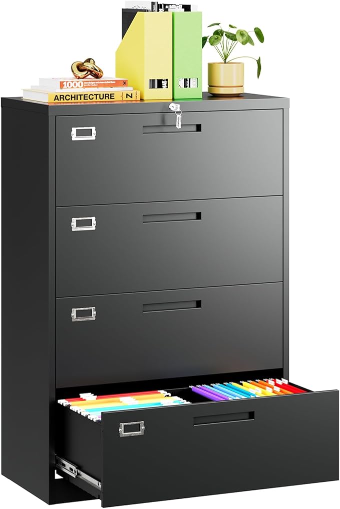 MIIIKO 4 Drawer Lateral File Cabinet with Lock, White Lateral Filing Cabinet, Large Deep Drawers Locked by Keys, Metal Storage File Cabinet for Hanging Files Letter/Legal/F4/A4 Size