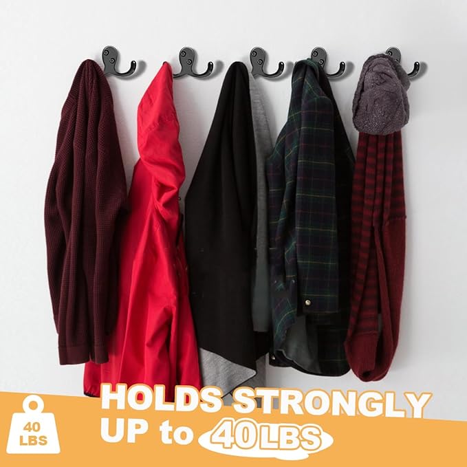 CBWLWJ 15 Pack Coat Hooks Wall Hooks for Hanging, Heavy Duty Double Prong Metal Hook Wall Mounted for Living Room, Bathroom, Kitchen, Bedroom for Coat, Bag, Scarf, Towel, Hat, Key, Cup (Black)