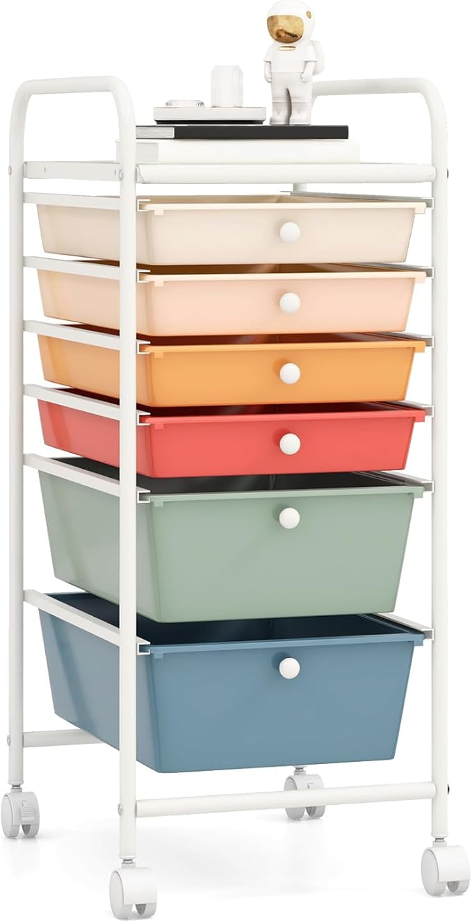 RELAX4LIFE 6-Drawer Rolling Storage Cart - Classroom Organization on Wheels w/Removable Plastic Drawers, Mobile Art Craft Cart for School Paper Home Office, Utility Cart with Drawers (Macaron)