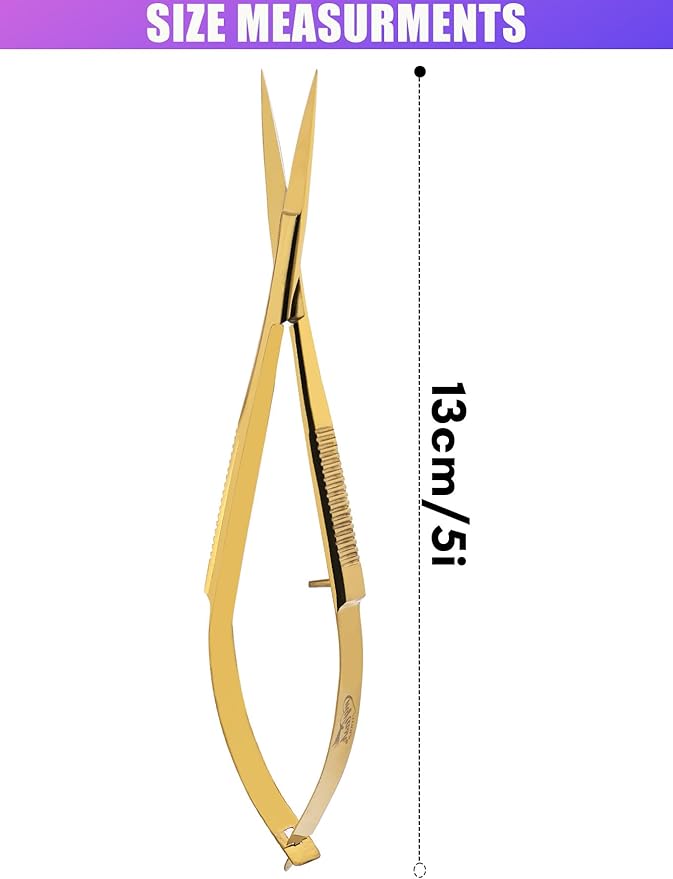 Cross Edge Spring Scissors 5 Inch straight Stainless Steel Precision Eyebrow & Eyelash Shaping & Trimming Scissor, Snips Squeeze, Embroidery, Knitting Micro Tip Craft Scissors (Gold)