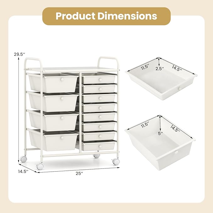 LDAILY 12 Drawer Rolling Storage Cart, Rolling Cart with Drawers for Classroom, Art Supply Craft Organizer on Wheel with Metal Frame & Handles for Home Office School (White, 12 Drawer Left-Right)