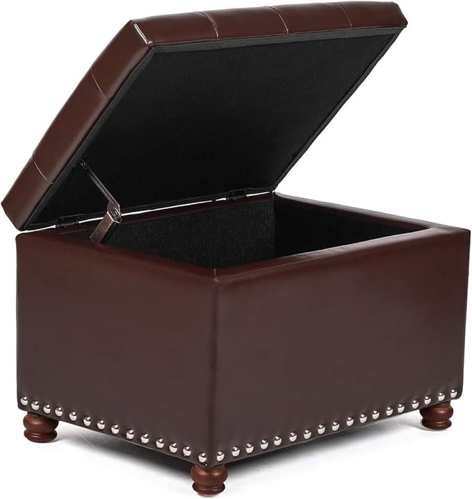 Decent Home Leather Storage Ottoman Bench Foot Rest Stool with Nailhead Trim (Dark Brown - Button Tufted Leather)