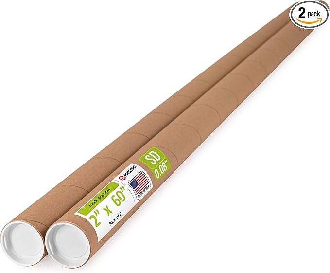 Paclord 2" x 60" Reinforced Kraft Paper Mailing Tube, Pack of 2 Tubes with 4 Caps – Secure USPS Approved Poster Tube – Cardboard Tube for Shipping and Storing Posters, Prints, Artwork, or Documents