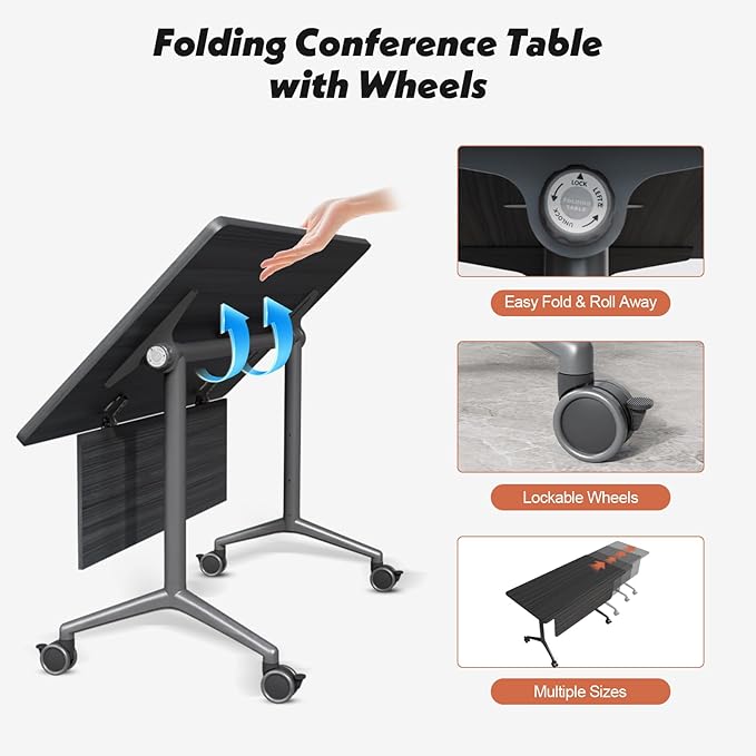 Goakwwuz Conference Room Table, Folding Conference Tables,Thicken Grey Tabletop,Flip Top Wooden Seminar Meeting Room Table for Conference Room Offices (6, BlackWoodGrain, 47.2“)