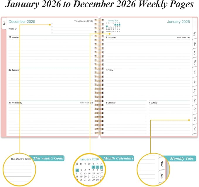 2026 Planner - Planner 2026 from January 2026 to December 2026 with 12 Monthly Tabs, Flexible Cover, Inner Pocket, 8.5" x 11", Pink-A