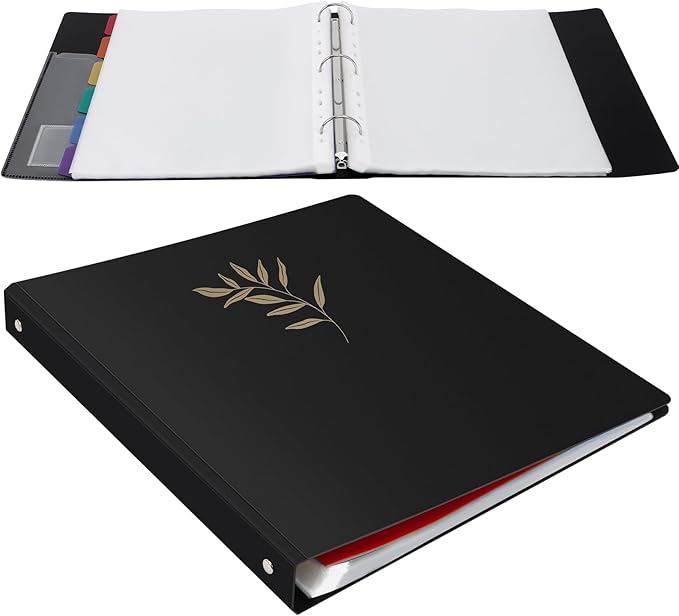 Uquelic 50-Pocket Binder with Plastic Sleeves for Letter/A4 Size(11" x 8.5"), Golden Leaf Printed Cover, Document Binder Organizer for Papers, Certificates and Artwork with Rainbow PP Divider Pages
