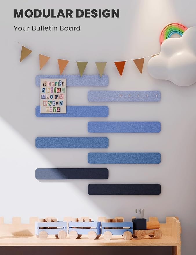 Fluxynara Cork Board Alternative Felt Strip Board 8-Pack 13"x2", Office Pin Board with 50 Push Pins, Adhesive Install for Bedroom Door & Home Office(Denim Mist)