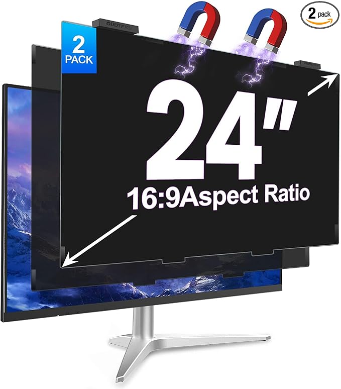 GUDTEKE 2Pack Magnetic 24 Inch Privacy Screen for Computer Monitor 16:9 Aspect Ratio, Hanging Removable Anti-Blue/Glare Protector Film, Anti Spy Desktop Security Private Filter 24in
