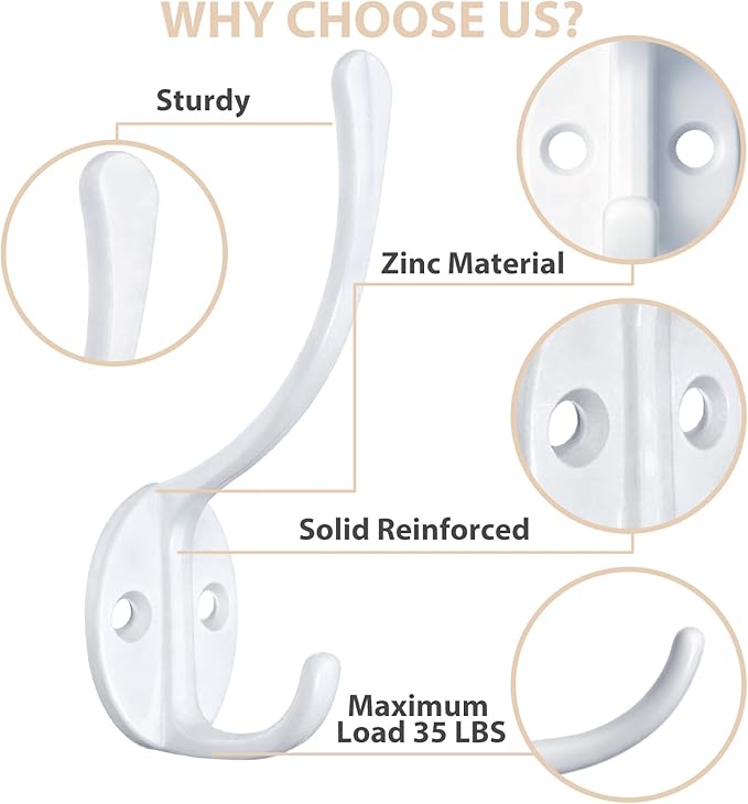 Homanu 14 Pack Coat Hooks Wall Mounted with 28 Screws, Heavy Duty White Towel Hooks Metal Double Hooks, No Rust Retro Rustic Wall Hooks for Hanging Towel, Coat, Scarf, Bag, Hat, Cup, Key