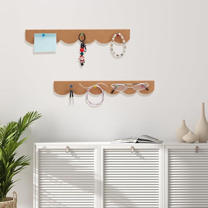 SOFPLATE 4Pcs Bulletin Bar Strip Cork Board Strips 14.6 x 2 Inch Self Adhesive Scalloped Frameless Cork Pin Notice Board for Classroom Office Home Cubicle Wall Decoration Hanging Photos Note Schedules