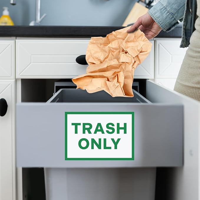 4pc Recycle Stickers + 4pc Trash Stickers | Weatherproof Vinyl Sticker Recycling Signs for Trash Bins, 7" x 10"