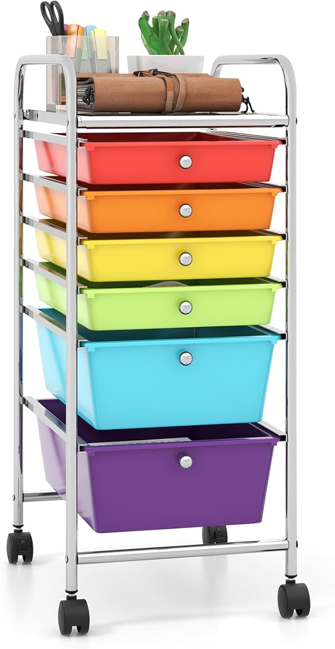 Giantex 6 Storage Drawer Cart Rolling Organizer Cart for Tools Scrapbook Paper Home Office School Multipurpose Mobile Utility Cart (Tomato, Orange, Light Green, Turquoise, Purple)