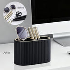 KINGFOM PU Leather Desk Organizer Pen Holder – Dual-Compartment Stylish Pencil Cup Remote Control Holder Desktop Supplies and Accessories Organizer Caddy for Office Home School (Black)