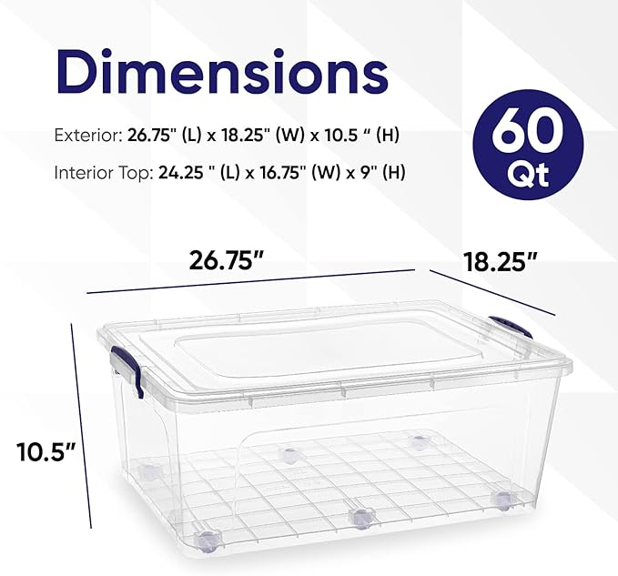 Superio Storage Bins with Lids, Clear Plastic Containers for Organizing, Stackable Totes, BPA Free, Odor Free, Organizer Boxes for Home, and Dorm (4 Pack, 60 Quart)