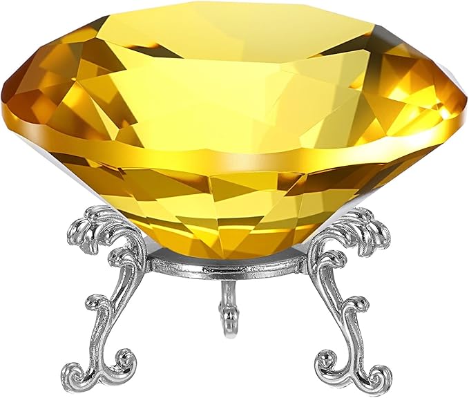 PATIKIL Diamond Crystal Paperweight, 80mm / 3.15" Crystal Paperweight Paper Weight with Silver 19 Metal Base for Home Office Desktop Table Decor Wedding Party Ornaments, Yellow