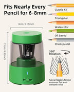 ZMOL Electric Rechargeable Pencil Sharpener, Automatic Pencil Sharpeners Kids, Battery Pencil Sharpeners for Colored Pencils, Auto Stop, Suitable for No.2(6-8mm), Classroom/Home Green