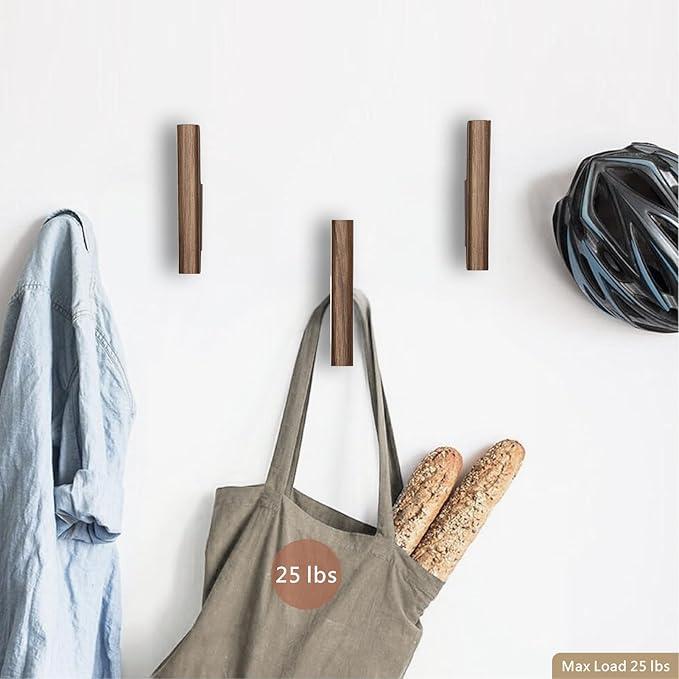 FCOWK Wood Wall Hooks 4 Pack Coat Hooks Wall Mount Walnut Wooden Hooks for Hanging Hat, Bag, Backpack, Rustic Coat Hooks for Wall, Wood Towel Hooks for Bathrooms and Entryway Hooks (Walnut, Light)