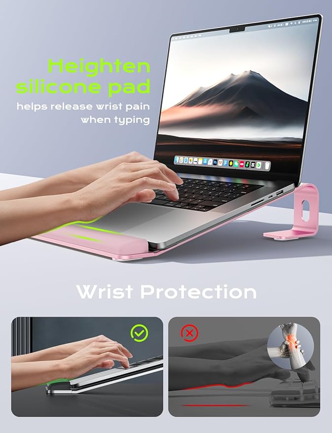 JCZT Aluminum Laptop Stand, Notebook Stand with Wrist Rest, Ergonomic Detachable Laptop Mount, Computer Stand Compatible with 10-17'' All Laptops Such as MacBook Air Pro/HP/Dell/Lenovo, Pink