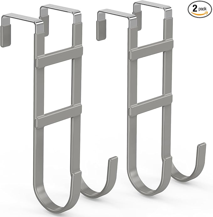FYY Over The Door Hooks - 2 Pack Heavy Duty Dual-Hook Organizer Hanger with Non-Slip Rubber for Towels, Clothes, Hats & Bags Use in Bathroom, Bedroom, Kitchen - Fits Interior Doors Up to 1.6" Grey