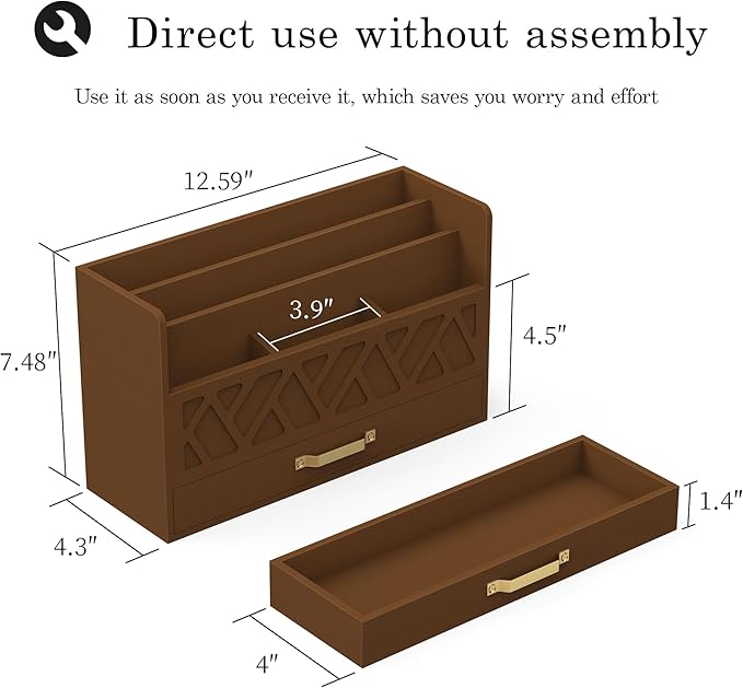 WISUCART Bamboo Mail Organizer Countertop Wood Desk Organizer Drawer Tabletop Storage Box Letter Sorter Makeup Organizer for School Home Office Supplies Brown