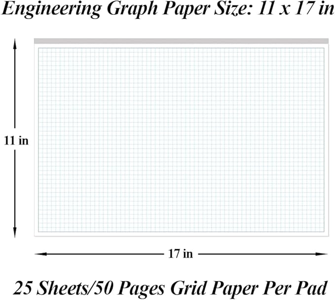 (3-Pack) Engineering Graph Paper Pads, 11x17 Quadrille 75 Sheets/150 Pages Grid Paper for Drafting, Engineering, Blueprint Drawing, 4x4 Blue Quad Rule, 100gsm White Paper