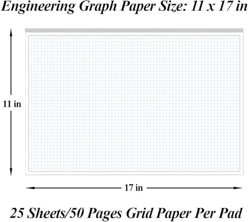 (3-Pack) Engineering Graph Paper Pads, 11x17 Quadrille 75 Sheets/150 Pages Grid Paper for Drafting, Engineering, Blueprint Drawing, 4x4 Blue Quad Rule, 100gsm White Paper