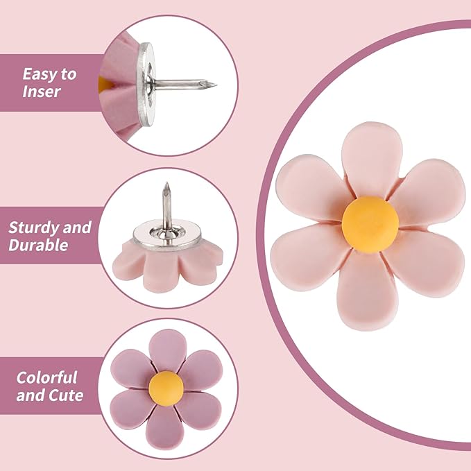 30pcs Decorative Flower Push Pins - Pink Thumb Tacks for Cork Board, Photo Wall, Feature Wall, Map, Bulletin Board, Office or Home