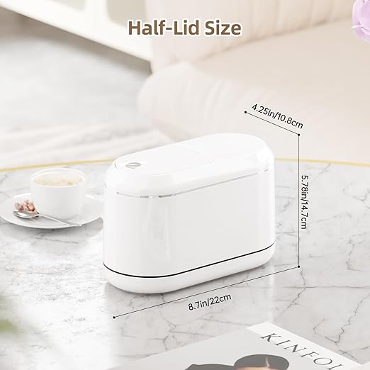 PAVSTINE Mini Trash Can for Desk with 5 Rolls of Trash Bags, Small Press-Top Countertop Garbage Bin, Removable Waste Basket for Bedroom, Vanity, Coffee Table, Kitchen (White Half-Lid)