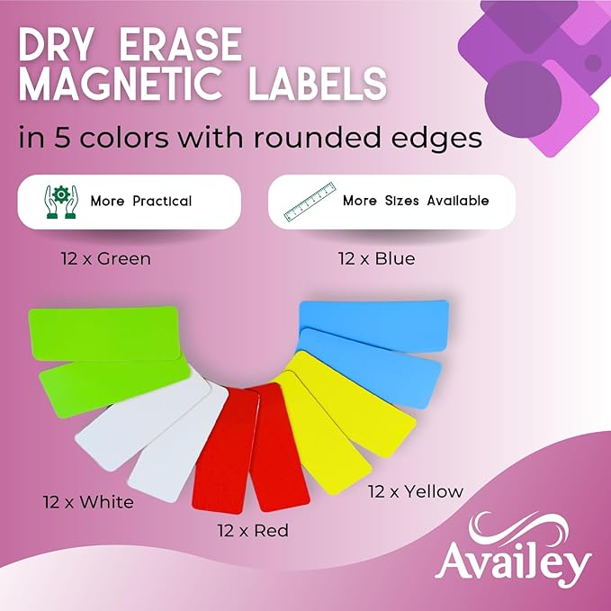 Availey 60 Pieces (3.2 x 1.2) - Full Colored Magnetic Dry Erase Labels - Reusable Strips for Classroom Home Office Garage Refrigerator Blank Writable Erasable Cards Name Tags Students Locker Shelf