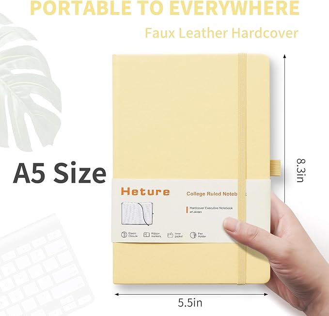 Heture Hardcover Notebooks, A5 Lined Journals Notebook for Writing 160 Pages, 8.2 x 5.5 inch, Classic Ruled Notebooks for College/Work/Travel (Yellow, 1 Pack)