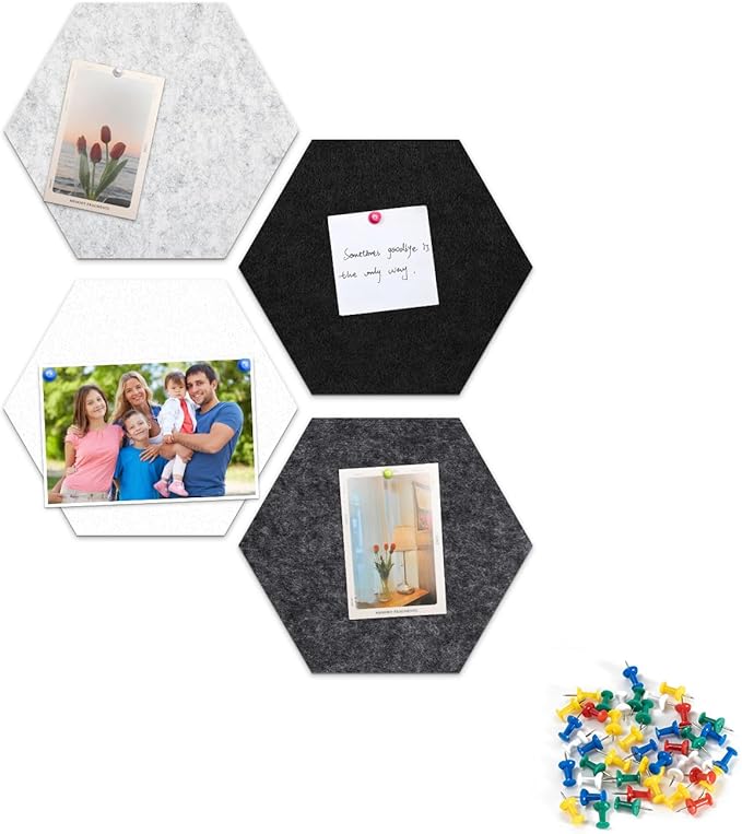 Uoisaiko 12" Large Bulletin Board with 15 Push Pins, Pack of 4 Hexagon Felt Pin Board Notice Boards for Home Office, Felt Wall Tiles for Photos Memos (Black Grey)