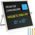 Small Magnetic Chalk Board 10"X10", Desktop Standing/Wall Hanging Chalkboard with 4 Chalks & 1 Eraser, Tabletop Double-Sided Portable Mini Black Board Easel for Office Desk Home School
