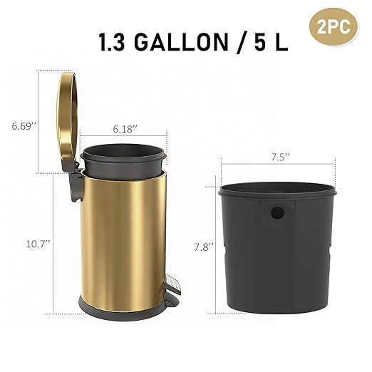 SIMPLYKLEEN Bathroom Trash Can with Lid - 2PC Oval Small Trash Can with Soft-Close Lid, Foot Pedal, Brushed Stainless Steel, Removable Liner, Garbage can for Kitchen, Office, Home Gold