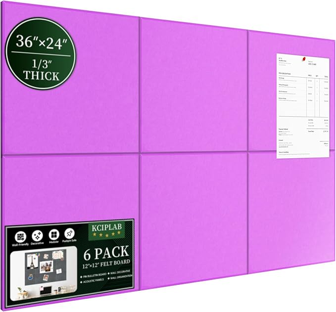 Large Cork Bulletin Board for Wall 36"x24", 6 Pack Felt Wall Tiles with 50 Pushpins, 30 Safe Removable Adhesive Tabs, Decorative Pin Board Tack Board for Office Home School, Purple