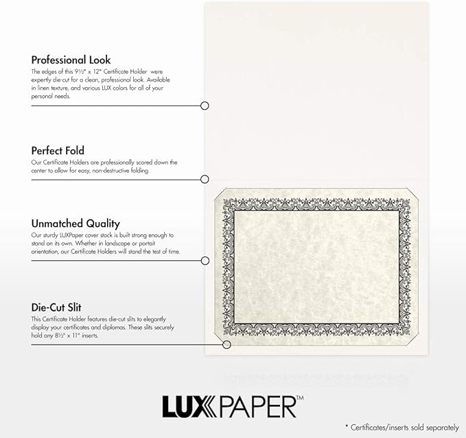 LUXPaper 9.5" x 12" Certificate Holders | White Linen | 100lb. Cover | 250 Qty