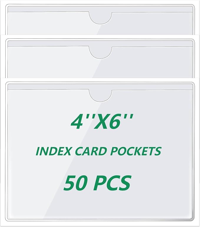zandfelo 50 Pack 4'' x 6'' Clear Adhesive Index Card Pockets, PVC Labels Holders for Storage Bins and Library Card, Ideal Card Holder with Top Open for Loading and Protecting Your Cards