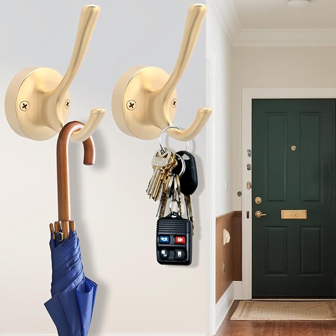 TOFIIGREM Gold Coat Hooks for Wall, 2 Pack Heavy Duty Towel Robe Hooks, Hats Hooks for Entryway Cubicle Closet Mudroom Bathroom Garage