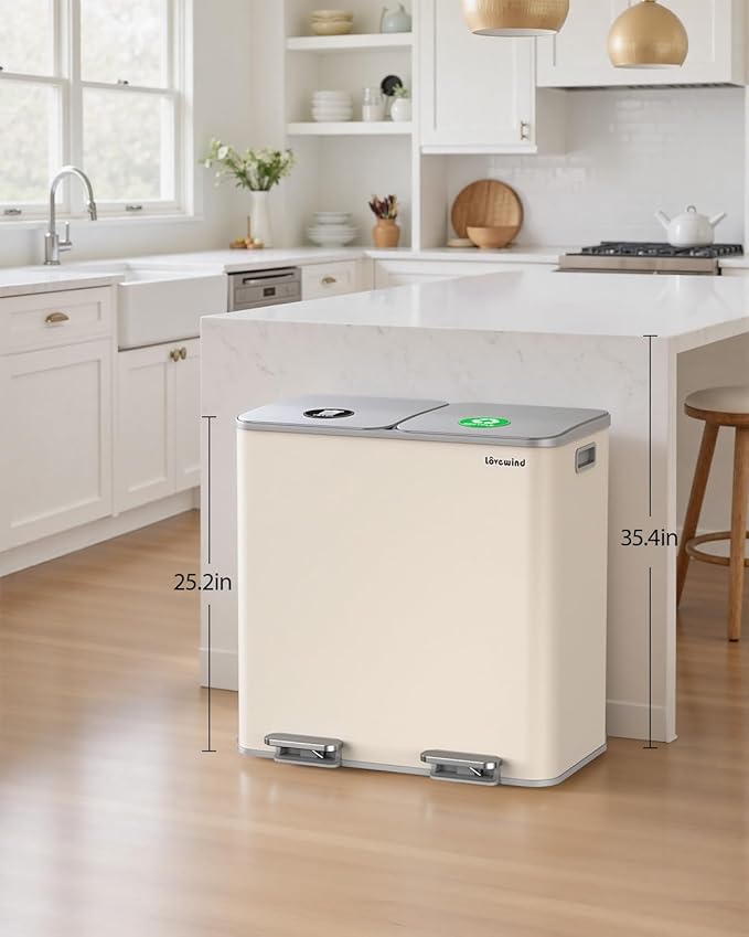 Lovewind Trash Can, 2 x 10.5 Gallon (2 x 40 L) Garbage Can for Kitchen Dual Compartment Recycling Kitchen Step Trash Bin, Stainless Steel Trash and Recycle Bin Combo with Soft-Close Lid, Apricot