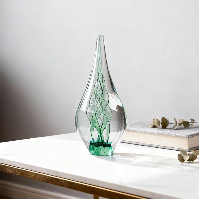 9" Tall Sculpture Hand Blown Glass Decor, Paperweight for Office Desk, Modern Glass Art Figurines Mediterranean Beach House Decor, Living Room Coffee Shelves Table Top Decoration (Swirl Green)