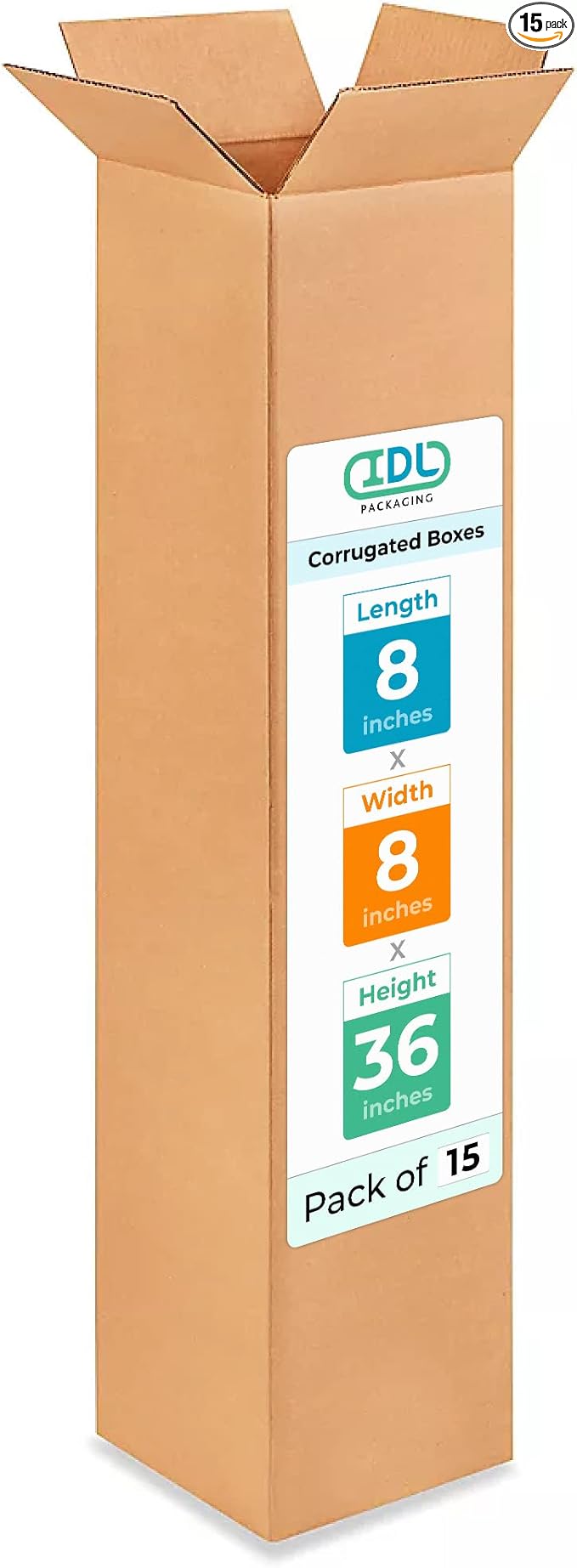 Tall Moving & Shipping Boxes 8"L x 8"W x 36"H (15-Pack) - Extra Strength 200 lb vs Regular - Corrugated Moving Boxes for USPS/UPS/FEDEX - Packaging Box - Box Moving Supplies by IDL Packaging