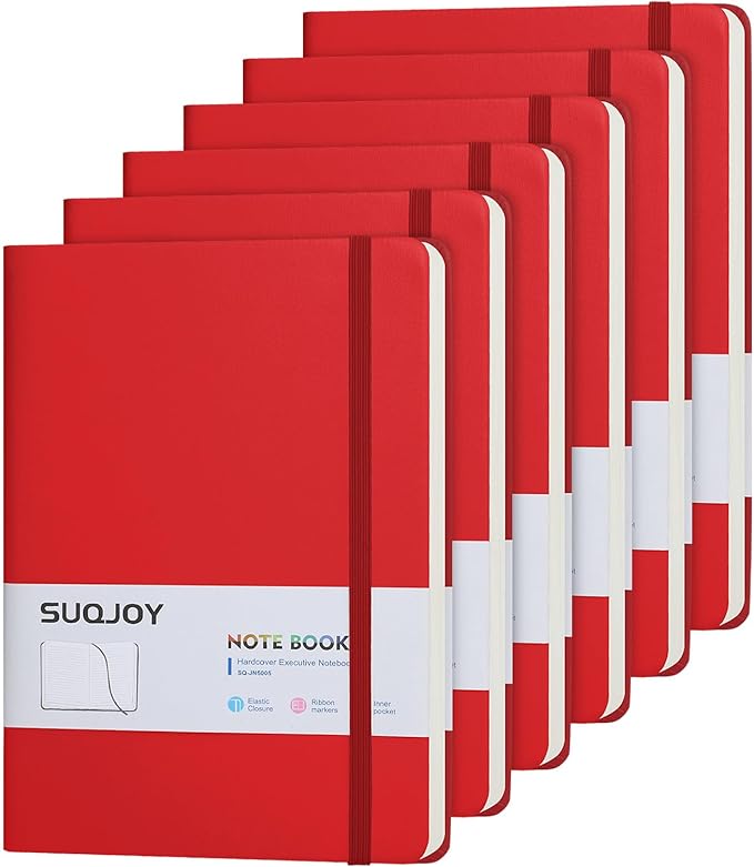 SUQJOY Lined Journal Notebooks, 6 Pack 160 Pages, 5.5x 8.2-Inch Journals for Women Men, Hardcover Notebook with 100 gsm Thick Paper, A5 Size College Ruled Notebook for Writing/Travel/Work (Red-6 Pack)