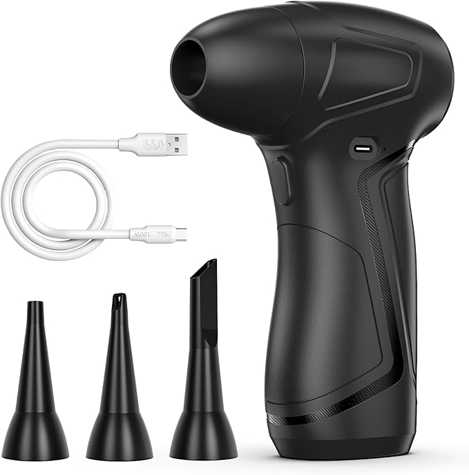 PureWellness Compressed Air Duster Can, Cordless Air Blower, Rechargeable Electric Duster & 3 Nozzles for Keyboard, PC, Home Cleaning, Portable Cleaning Kit, Black