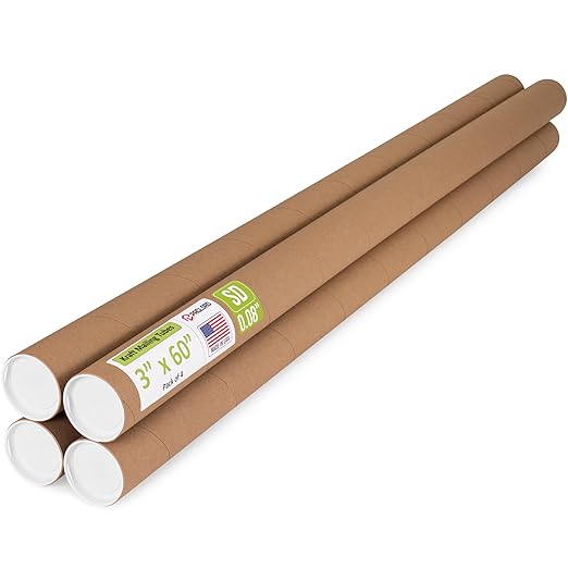 Paclord 3" x 60" Reinforced Kraft Paper Mailing Tube, Pack of 4 Tubes with 8 Caps – Secure USPS Approved Poster Tube – Cardboard Tube for Shipping and Storing Posters, Prints, Artwork, or Documents