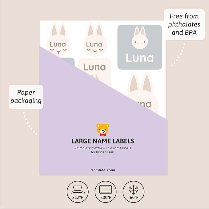 Large Name Labels for Kids (33) - Custom Stickers for Daycare and School Supplies - Durable, Waterproof Stickers for Water Bottles, Lunch Boxes, and More with Unique Designs - Bunny